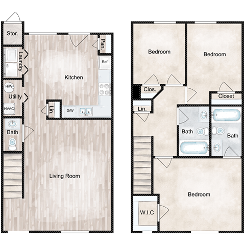 Floor plan for 3 beds, 2.5 baths, 1315 sqft